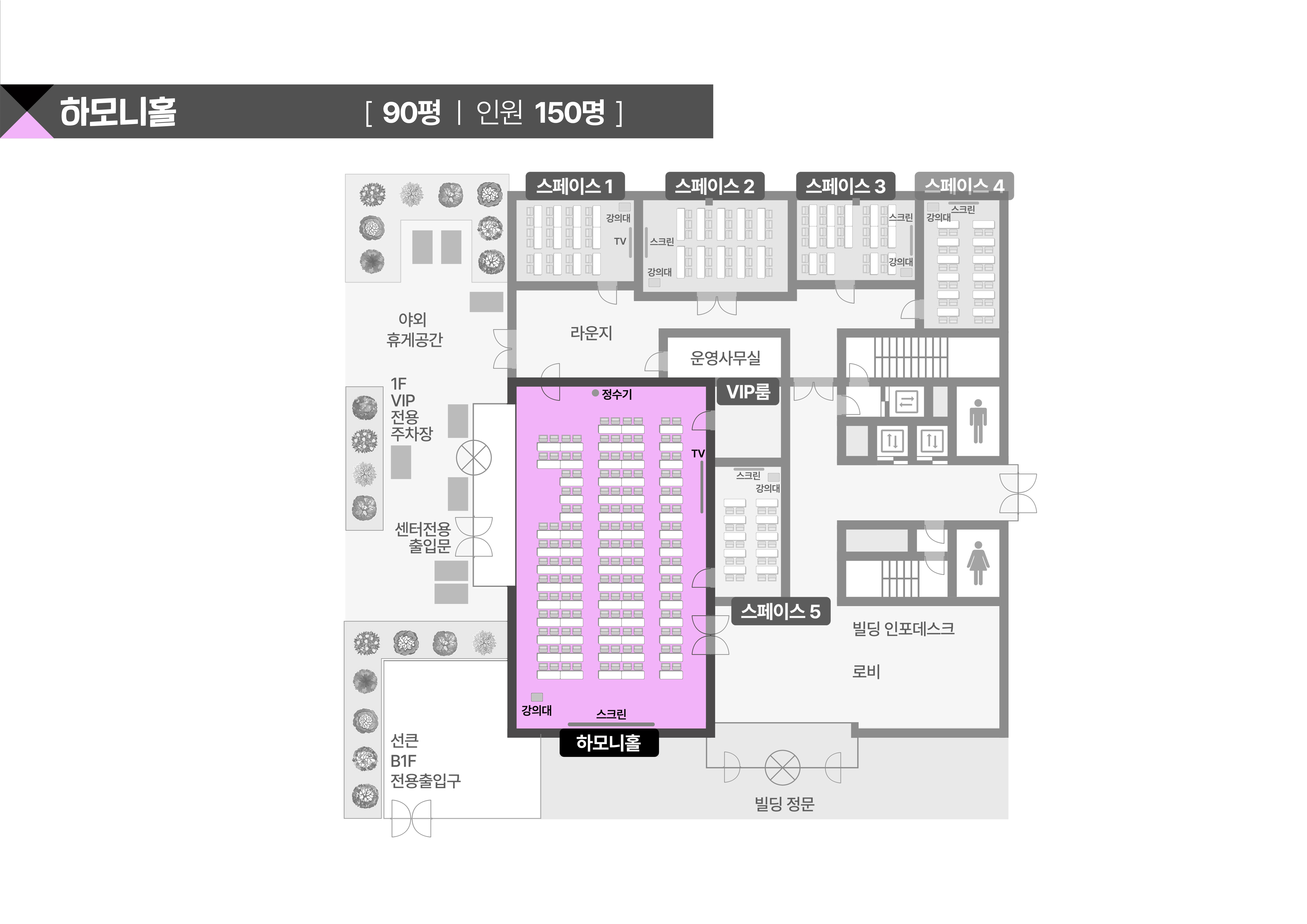 스페이스쉐어 삼성역센터 하모니홀 상세 평면도, 좌석 배치 및 행사 레이아웃 확인용