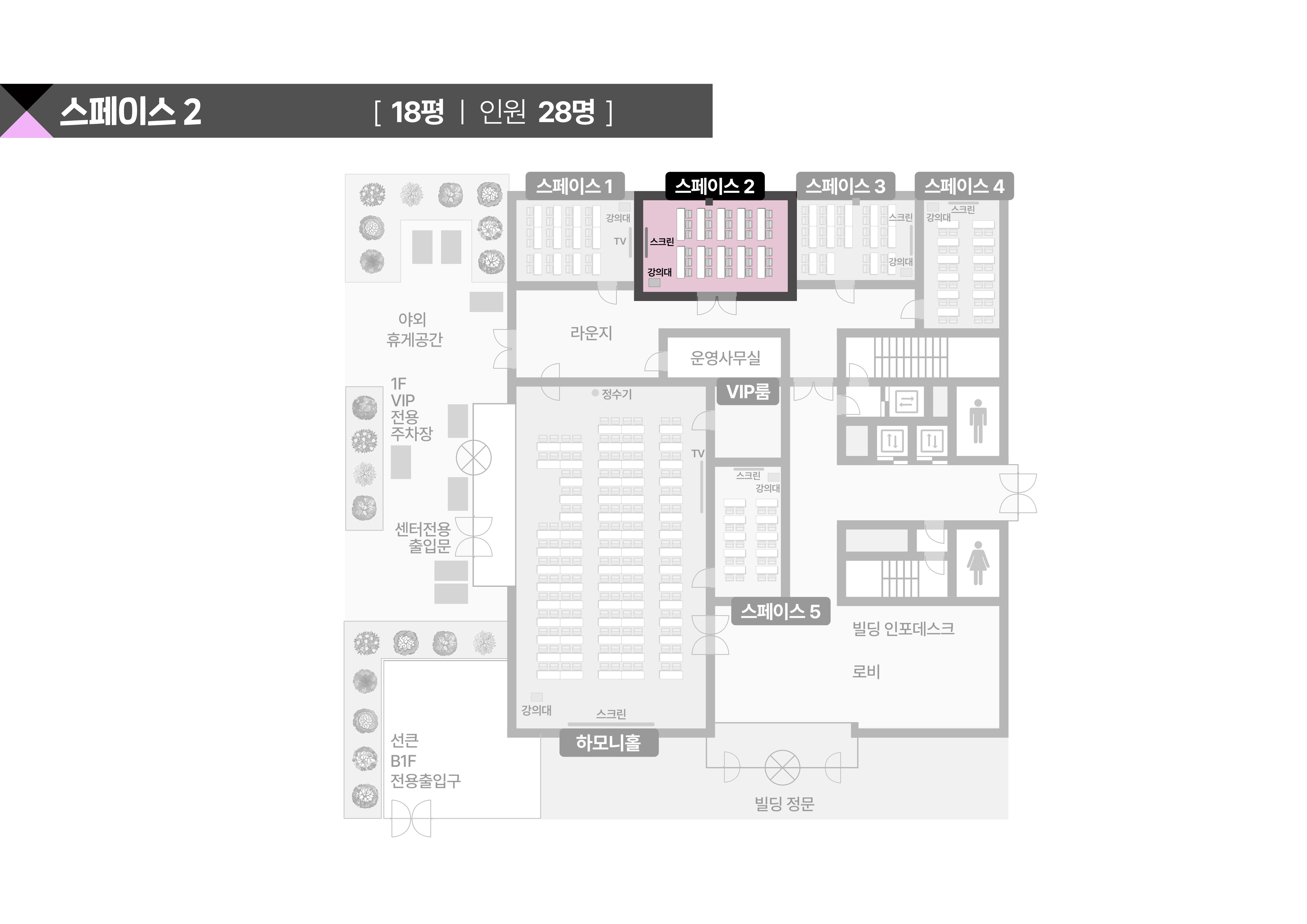 스페이스쉐어 삼성역센터 스페이스2룸 상세 평면도, 좌석 배치 및 행사 레이아웃 확인용