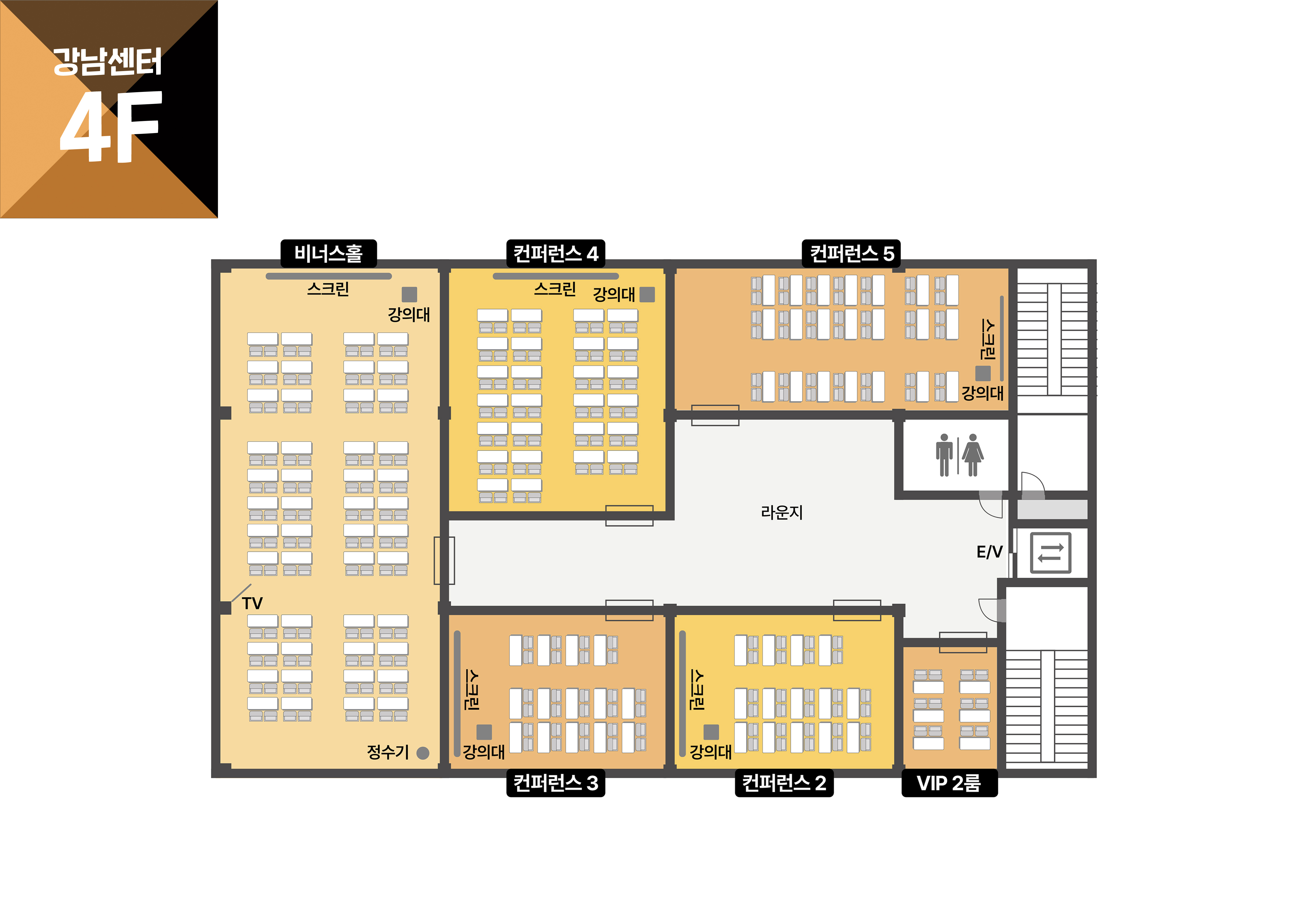 스페이스쉐어 강남센터 4층 전체 평면도, 홀 배치 및 이동 동선 안내