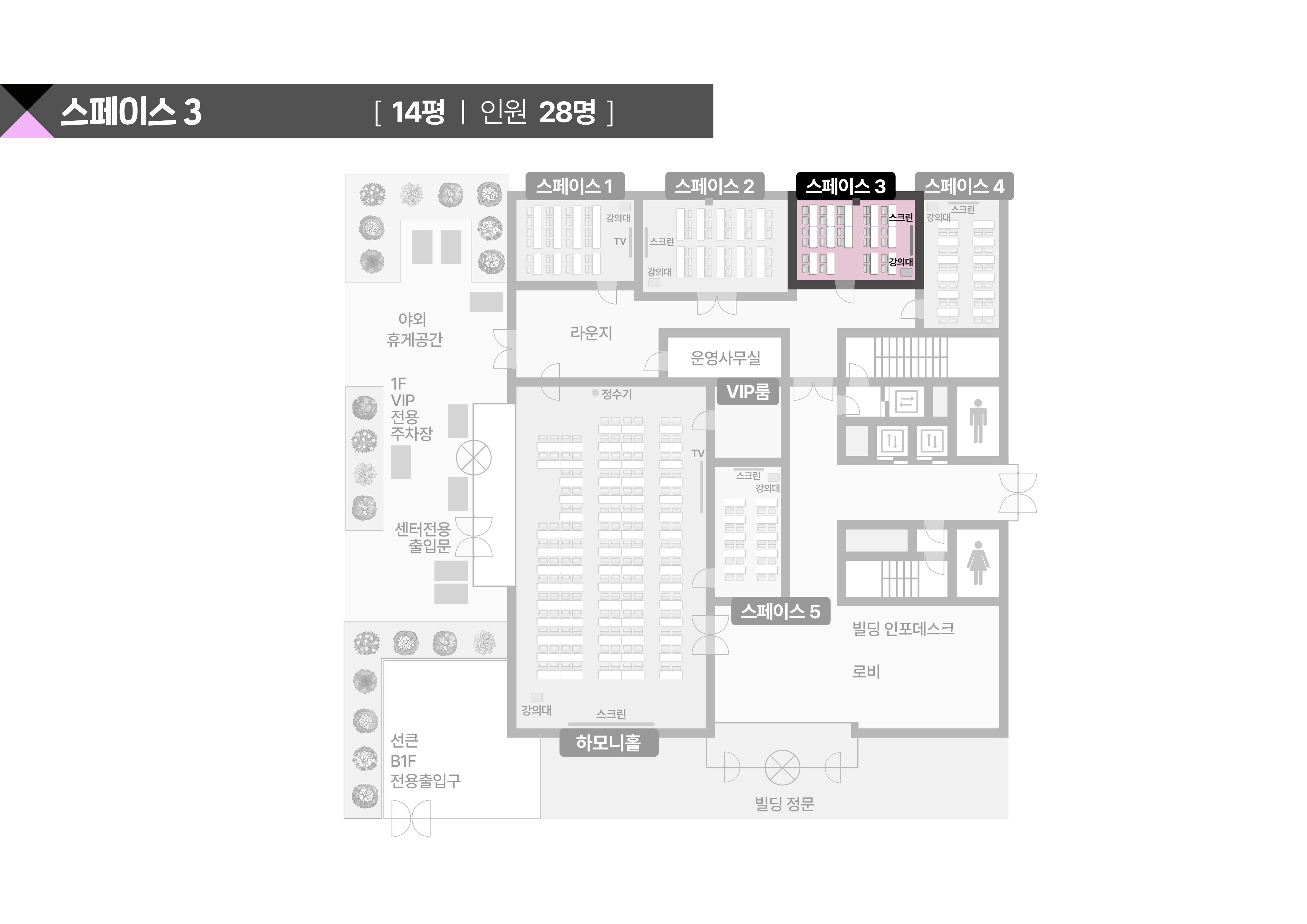 스페이스쉐어 삼성역센터 스페이스3룸 상세 평면도, 좌석 배치 및 행사 레이아웃 확인용