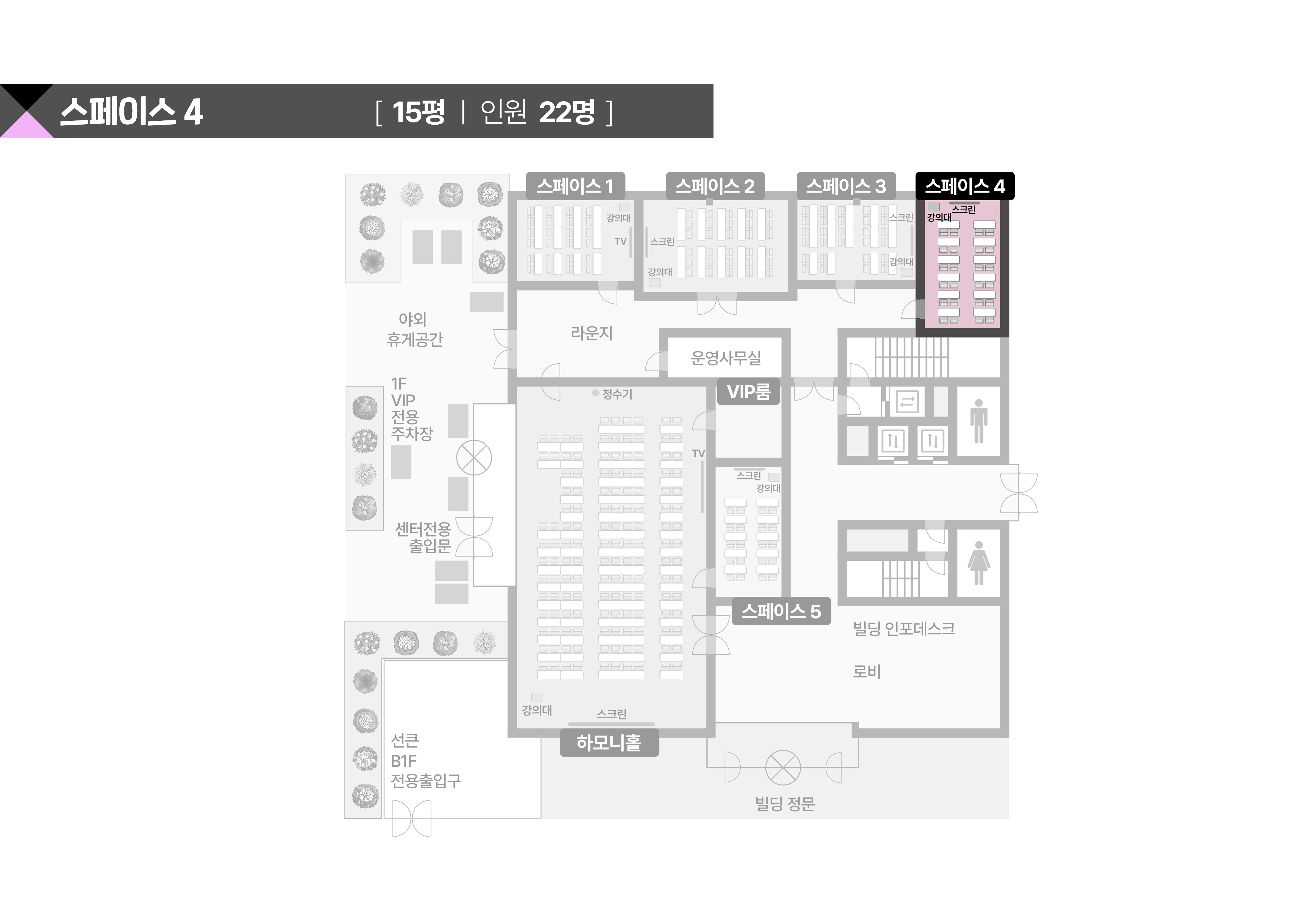 스페이스쉐어 삼성역센터 스페이스4룸 상세 평면도, 좌석 배치 및 행사 레이아웃 확인용